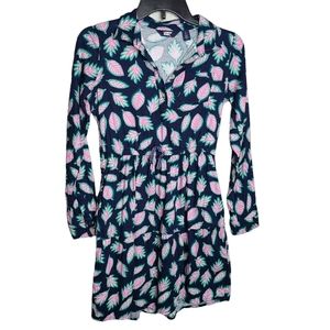 Lands End Navy Blue Leaf Print Long Sleeve Dress Size Large 10-12